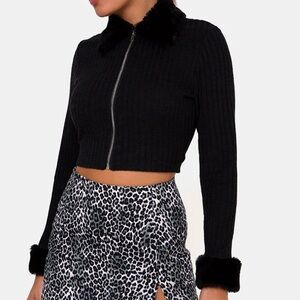 🖤Motel Rocks Black Cropped Jacket with Faux Fur Trim